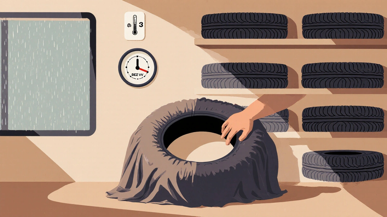 Ruka zakrývá pneumatiku dechovací tkaninou ve skladovací místnosti s teploměrem.