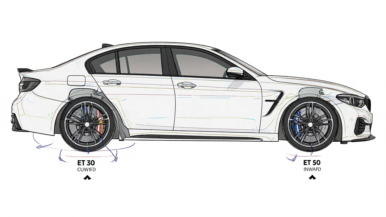 Srovnání dvou ráfků s různým ET: jeden venku, jeden uvnitř.