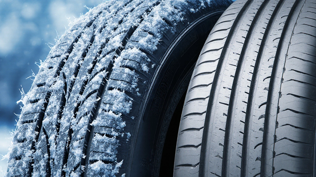 Srovnání zimní a letní pneumatiky pod mikroskopem s důrazem na strukturu drážek a hran.