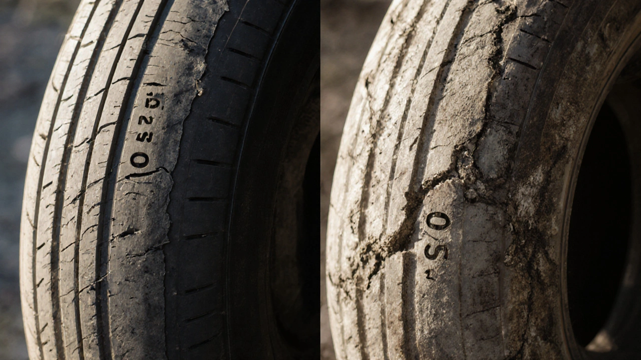 Stará pneumatika s trhlinami a vybledlým výrobním datem