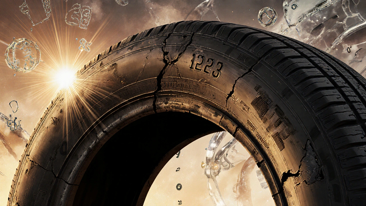 Stará pneumatika s viditelnými trhlinami a kódem výroby 1223, symbolizující stárnutí gummy.