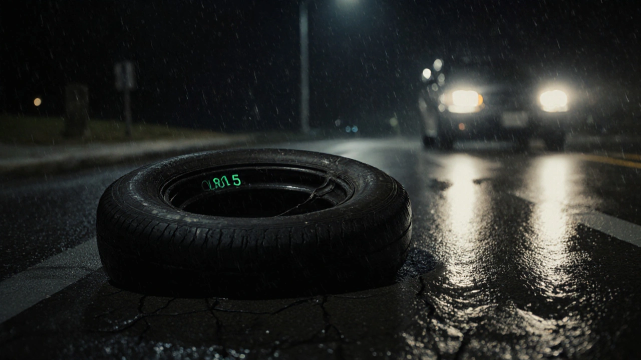 Stará prasklá pneumatika na mokré silnici s viditelným kódem 0815