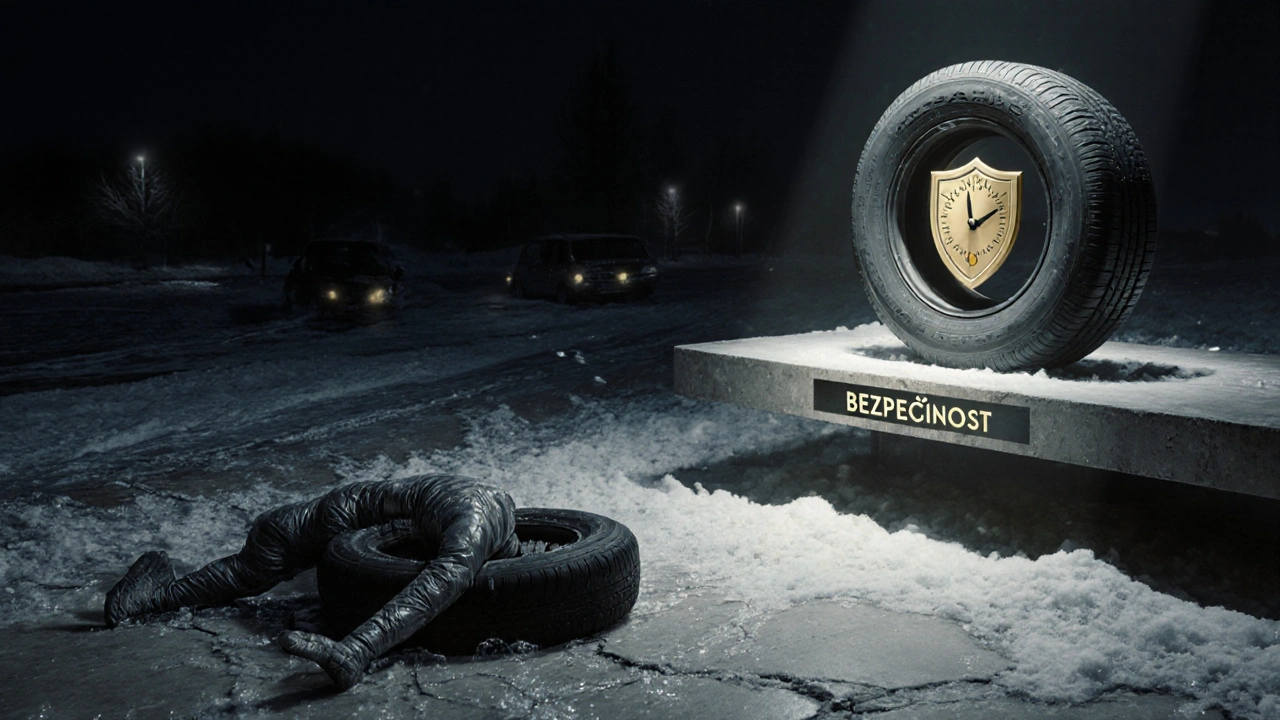 Symbolický obraz poškozené pneumatiky na betonu a bezpečně uložené na regálu s ochranným štítem.