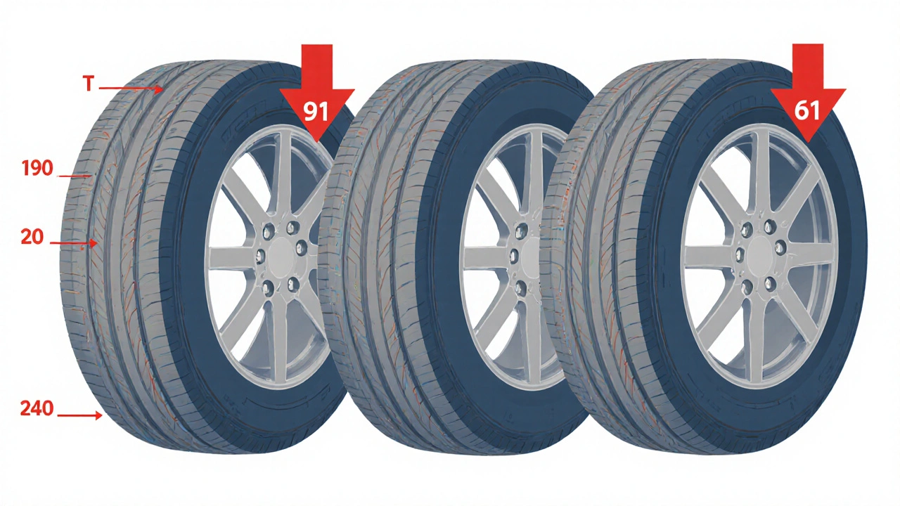 Technický nákres čtyř kol s rychlostními indexy T, H a V a zatížením