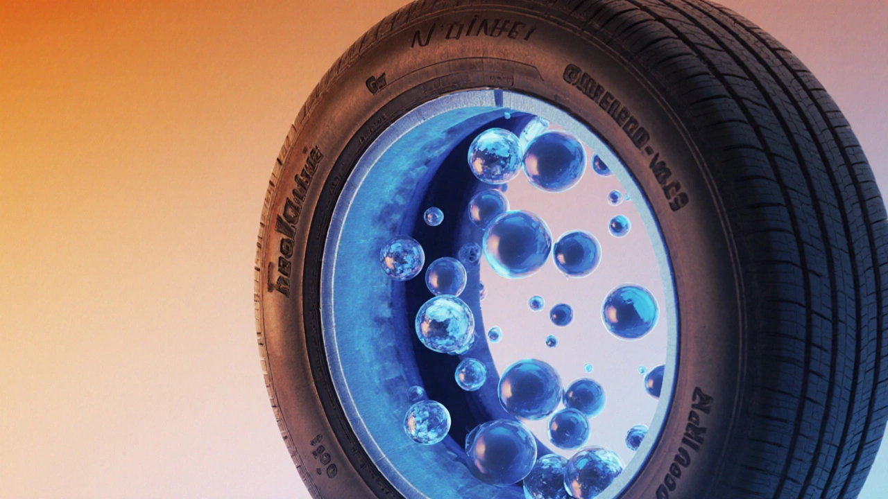Vnitřní řez pneumatiky s molekulami dusíku a kyslíku, symbolizující stabilitu tlaku.