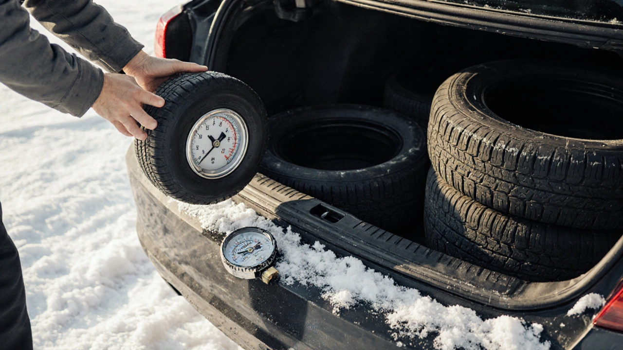 Záložní kolo v kufru, po boku poškozené měřidlo tlaku na sněhu.