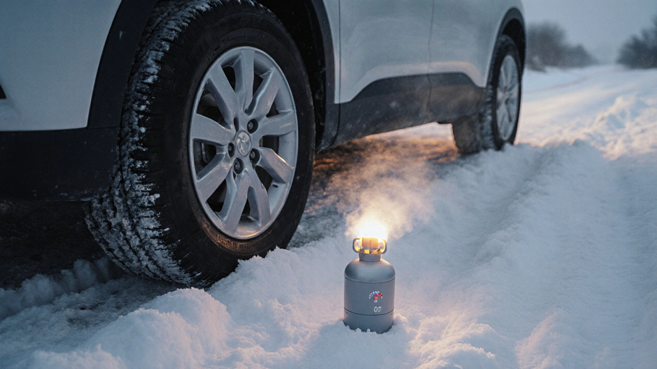 Zimní scéna s autem a přenosným nádobím na dusík, ukazující stabilní tlak pneumatik.