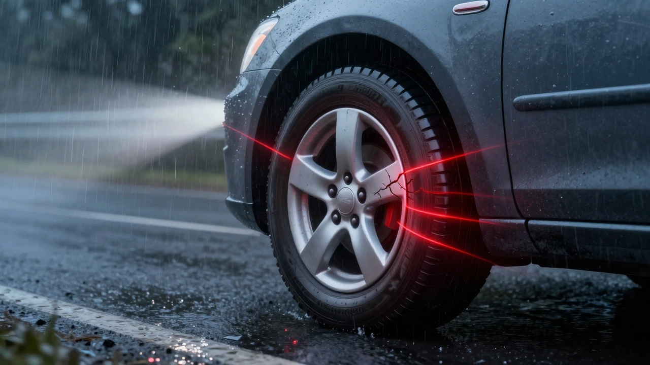 Auto na mokré dálnici s transparentním znázorněním praskání gummy u kódu DOT 0820.