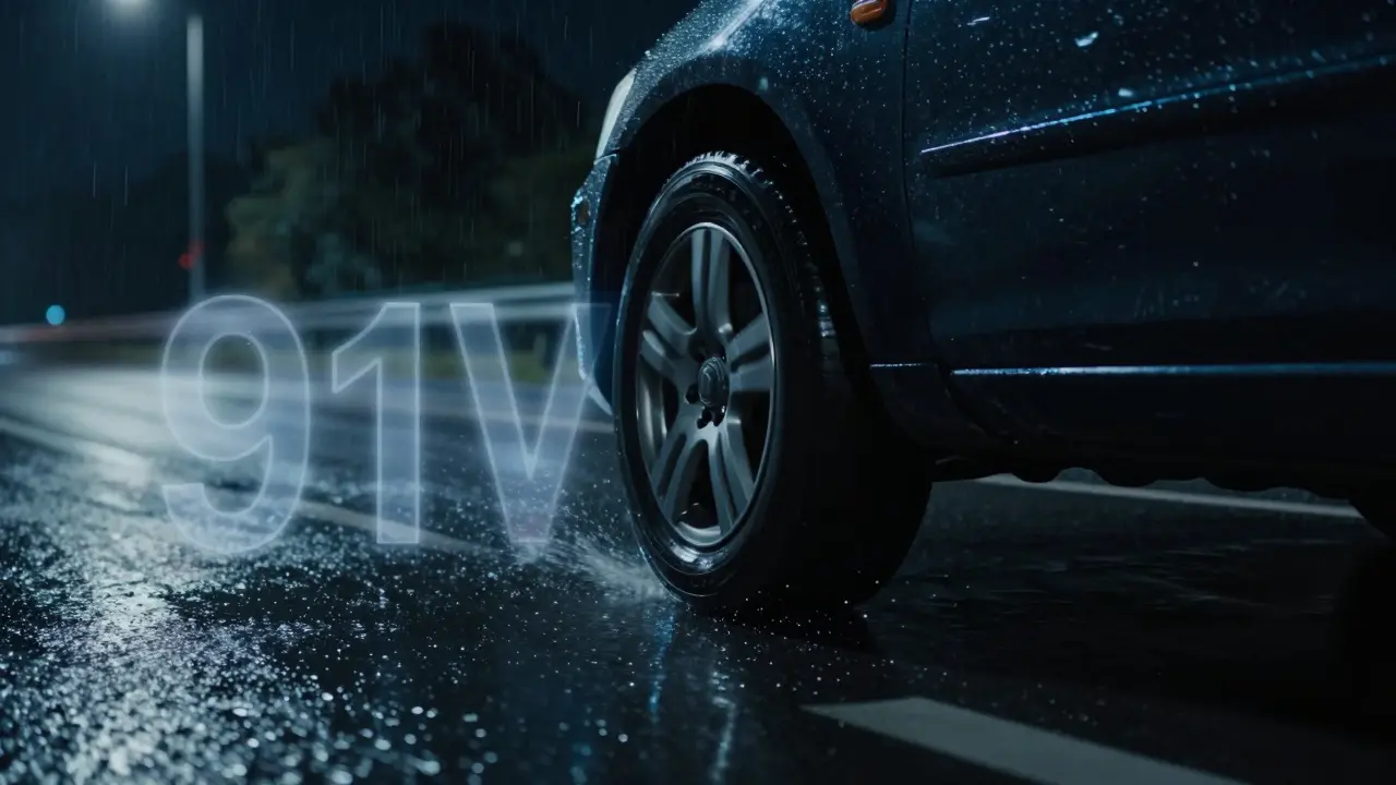 Auto na mokré silnici v noci s přehledem indexů zatížení a rychlosti nad pneumatikou.