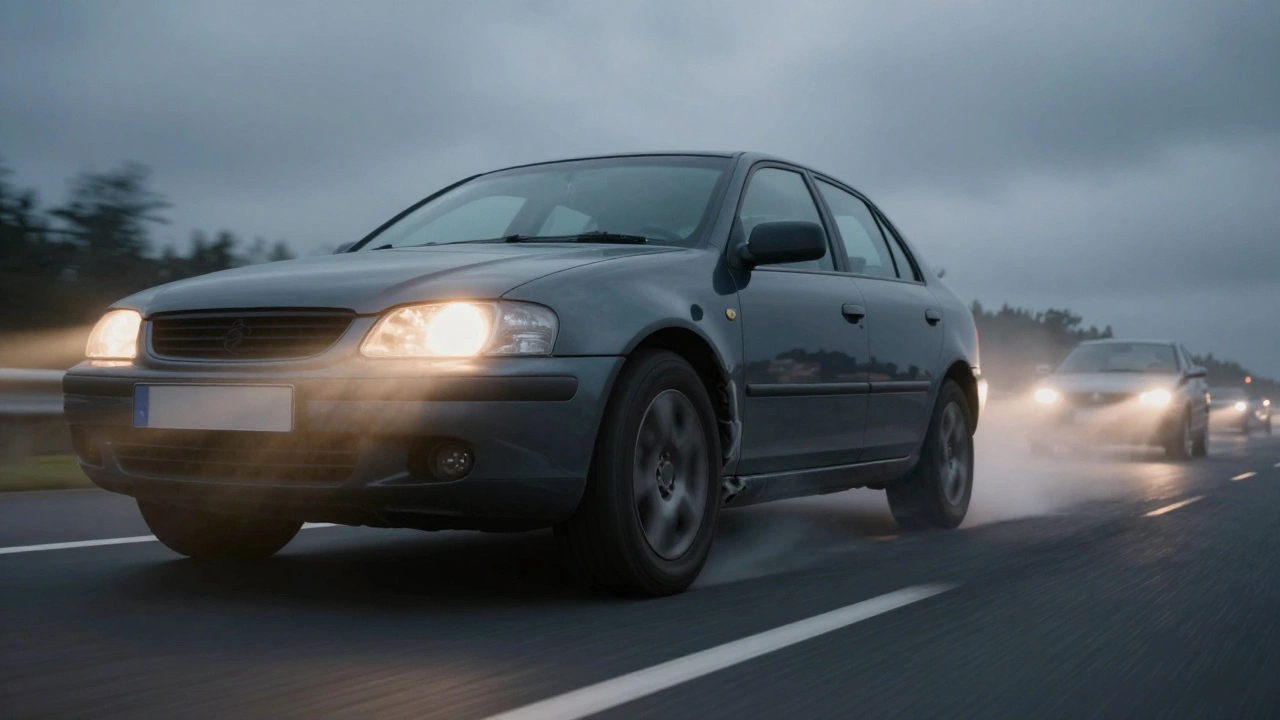 Auto s deformovanou pneumatikou na dálnici při soumraku, viditelná nestabilita jízdy.