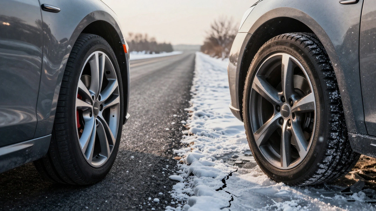 Auto s litými koly napřed a ocelovými vzadu, sníh na zadních kolech a slunce napřed.