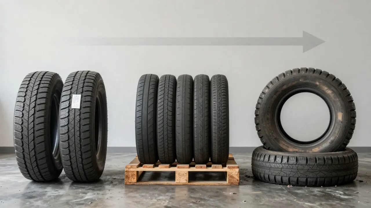 Časová řada od správného skladování po zničení pneumatik, znázorňující jejich životnost.