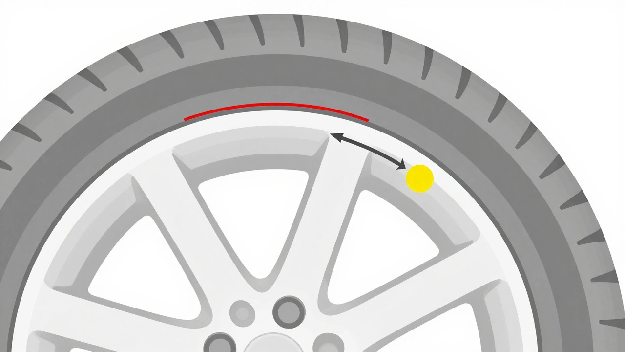 Červený pruh na pneumatice zarovnaný s žlutou tečkou na disku.