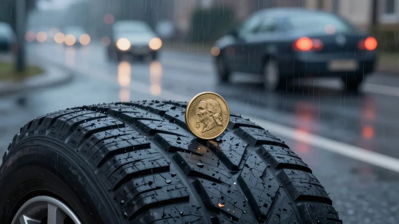 Česká pětikoruna v drážce pneumatiky, vrchol mince právě viditelný nad během.