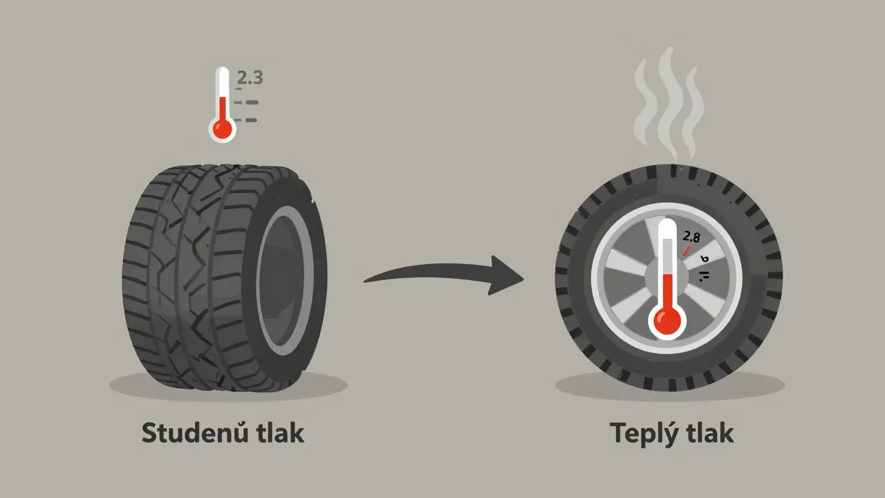 Dvě pneumatiky: jedna studená s nízkým tlakem, druhá horká s vysokým tlakem.