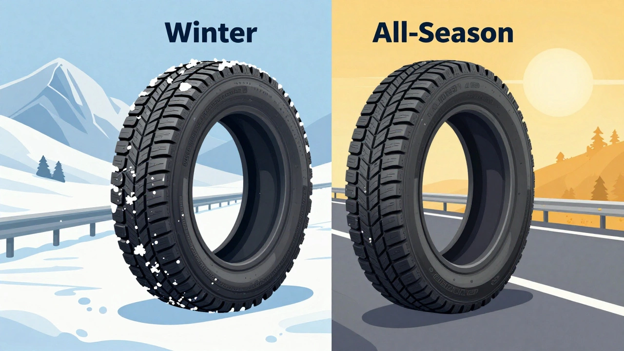Dvě pneumatiky vedle sebe: zimní a celoroční, s rozdílnými vzory a označením 3PMSF.