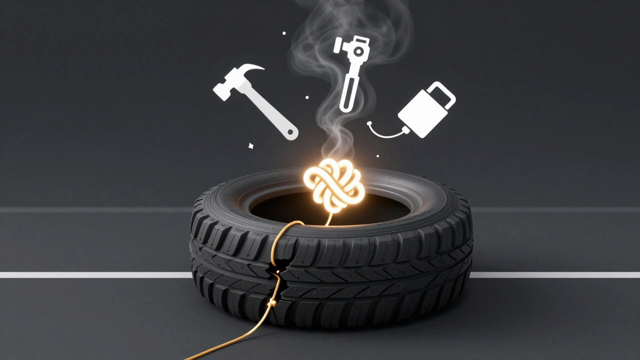 Konec pneumatiky s zářivým knotem jako symbolickou záchrannou nití v temném prostředí.