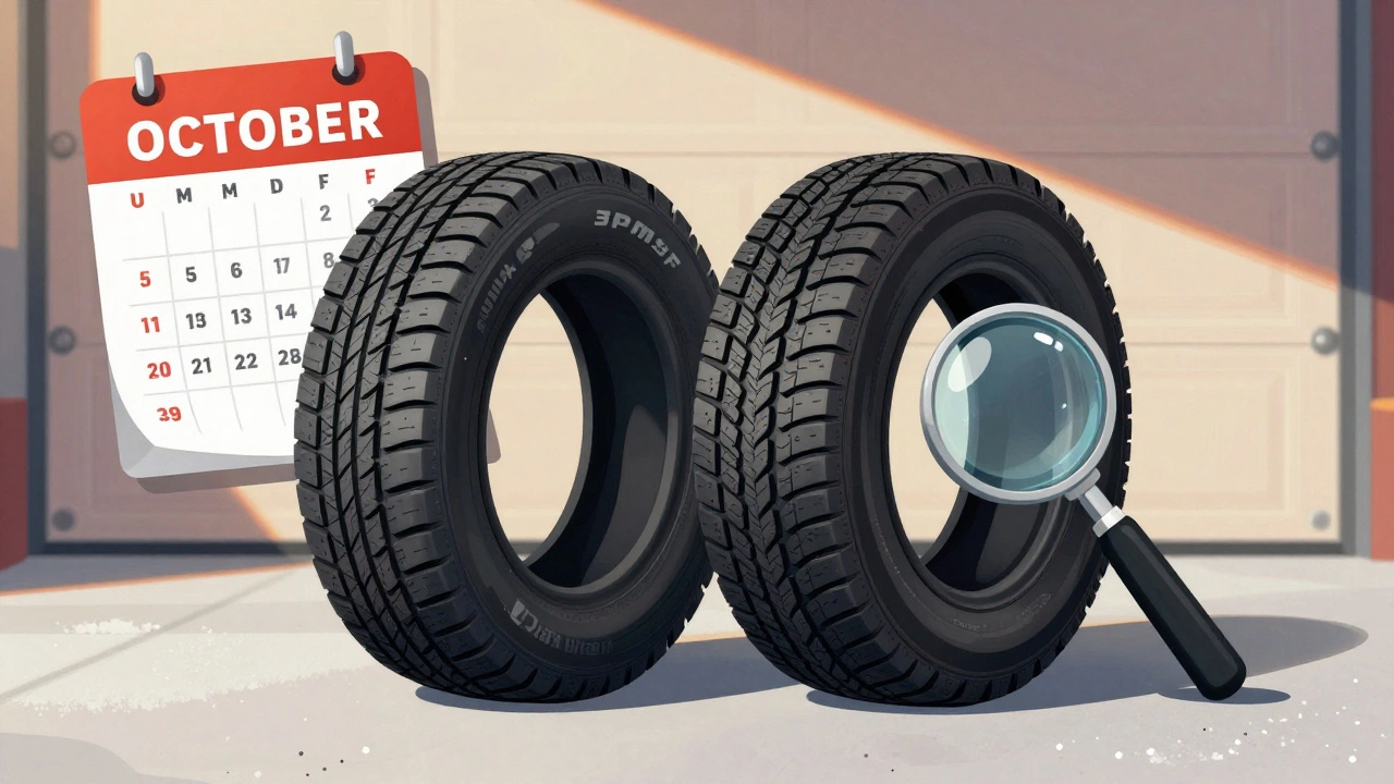 Letní a zimní pneumatiky na podlaze garáže s označením M+S a 3PMSF.