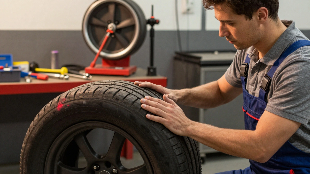 Mechanik hledá červený pruh na pneumatice při montáži.