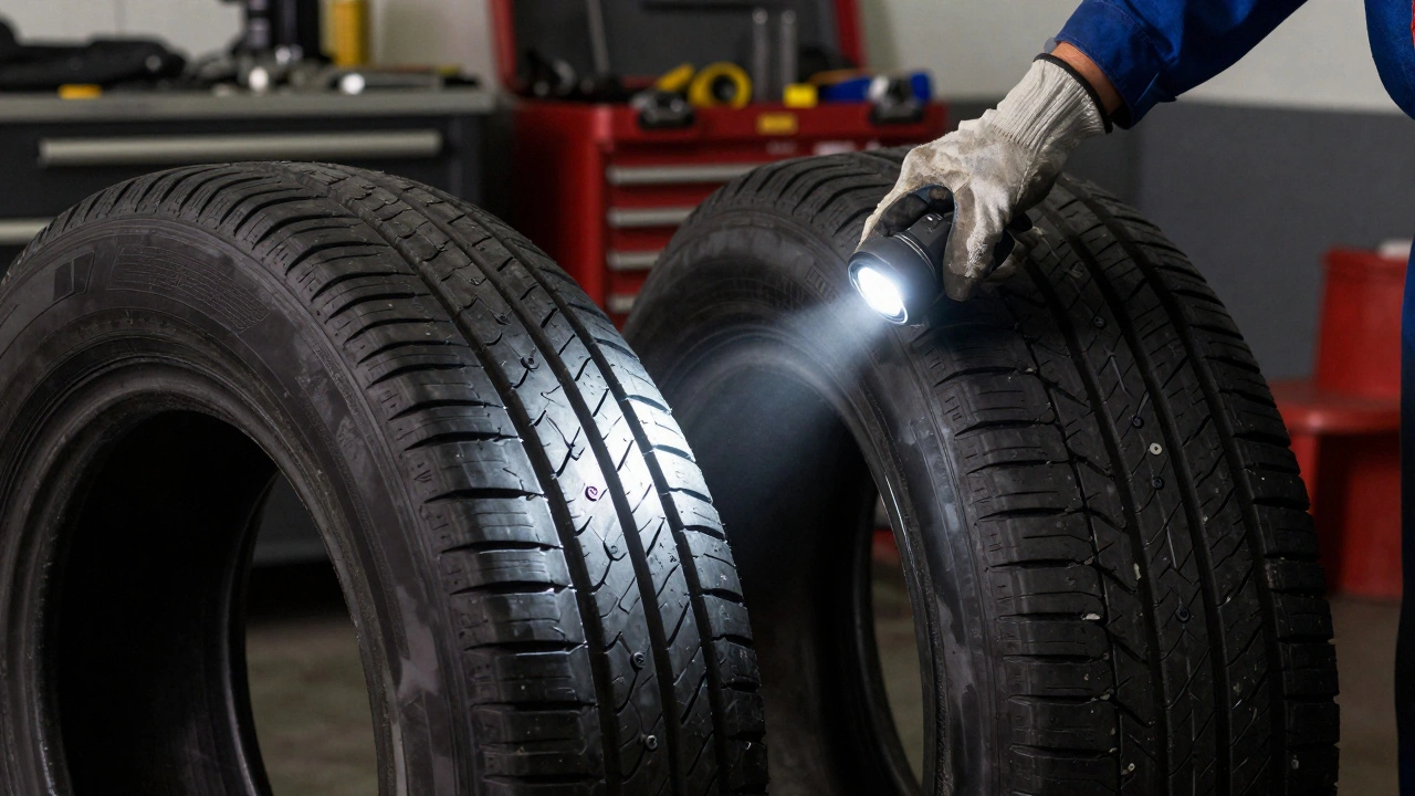 Mechanik svítí na tříčíselný kód DOT 319 označující pneumatiku z roku 1999.