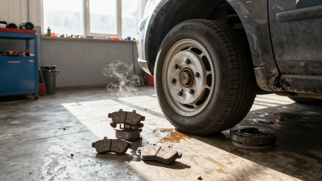 Mechanik ukazuje opotřebované a nové brzdové destičky v servisu.