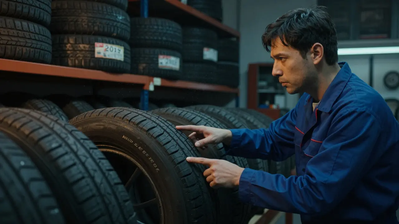 Mechanik ukazuje zákazníkovi výrobní kód na pneumatice v autodílně.