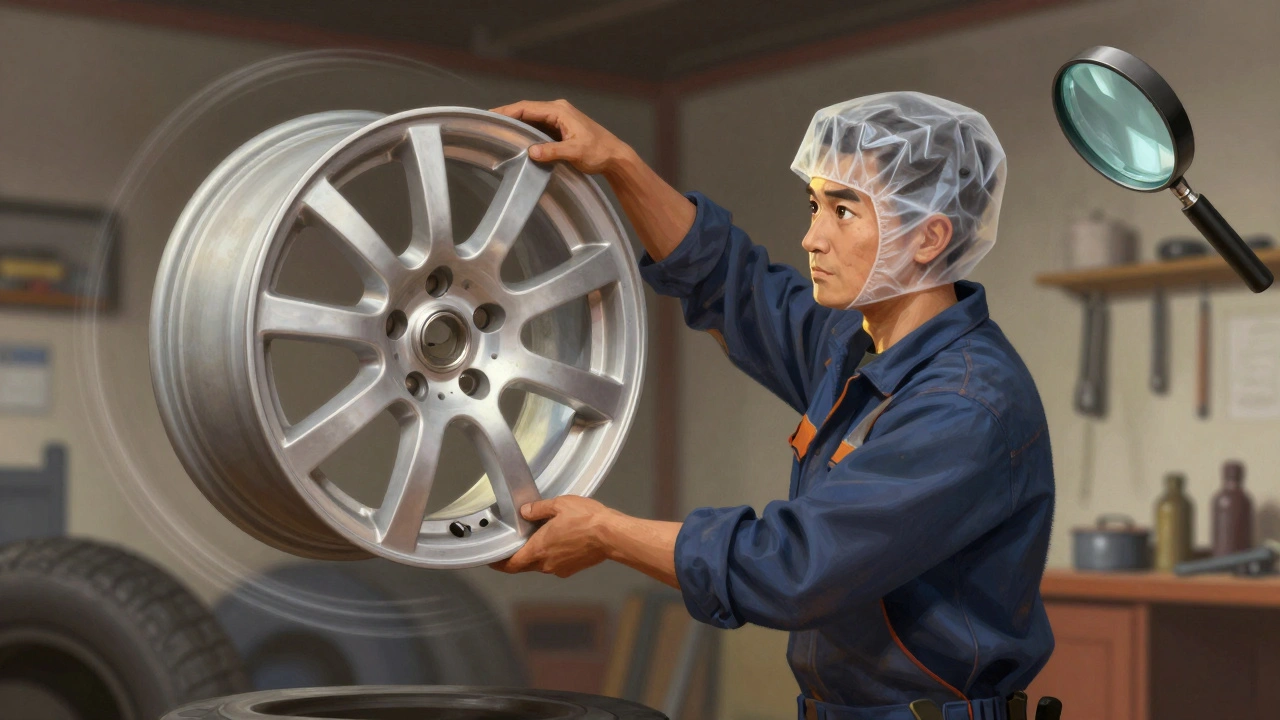 Mechanik zvedá kolo, ukazující rozdíl v hmotnosti mezi hliníkovým a ocelovým ráfkem.