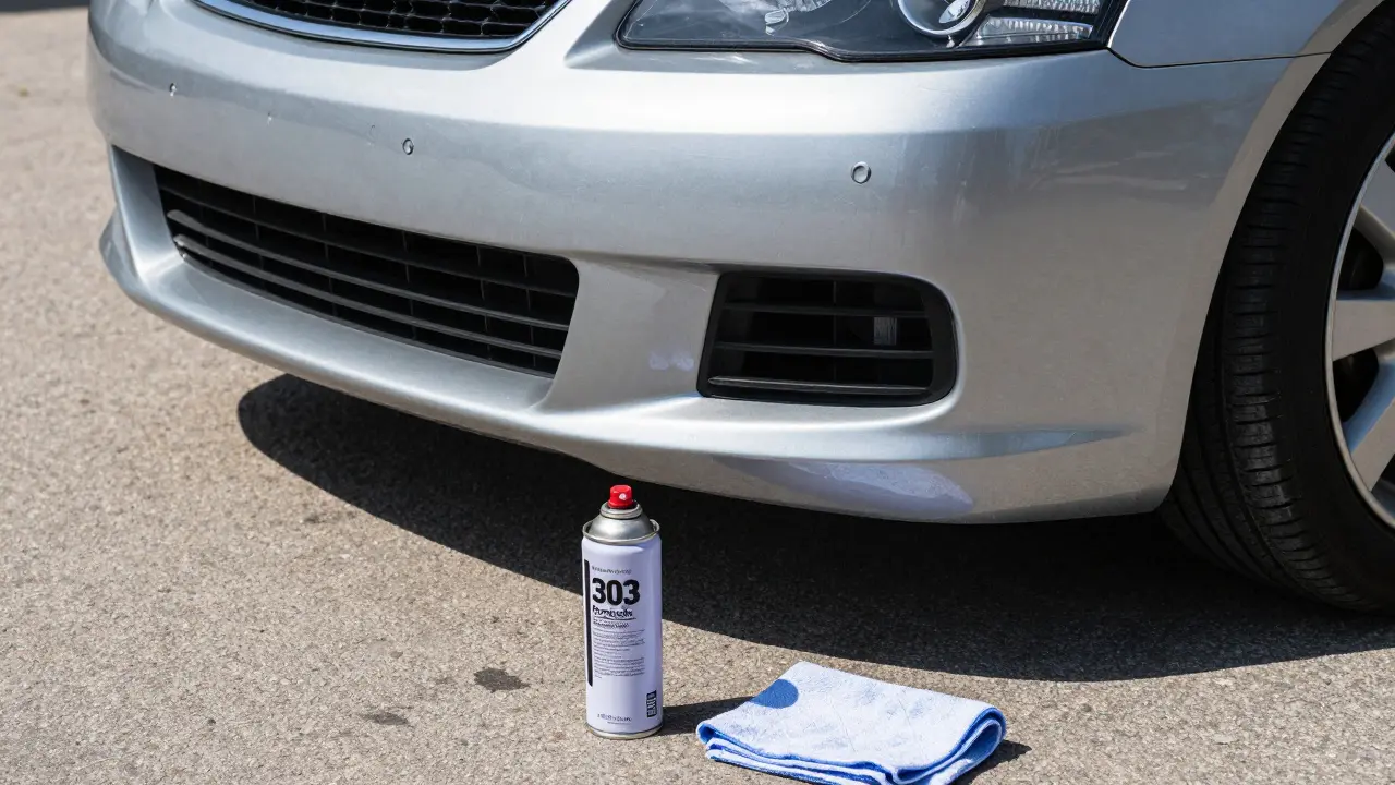 Opravený a vybarvený nárazník auta v přímém slunečním světle s ochranným sprejem na pozadí.
