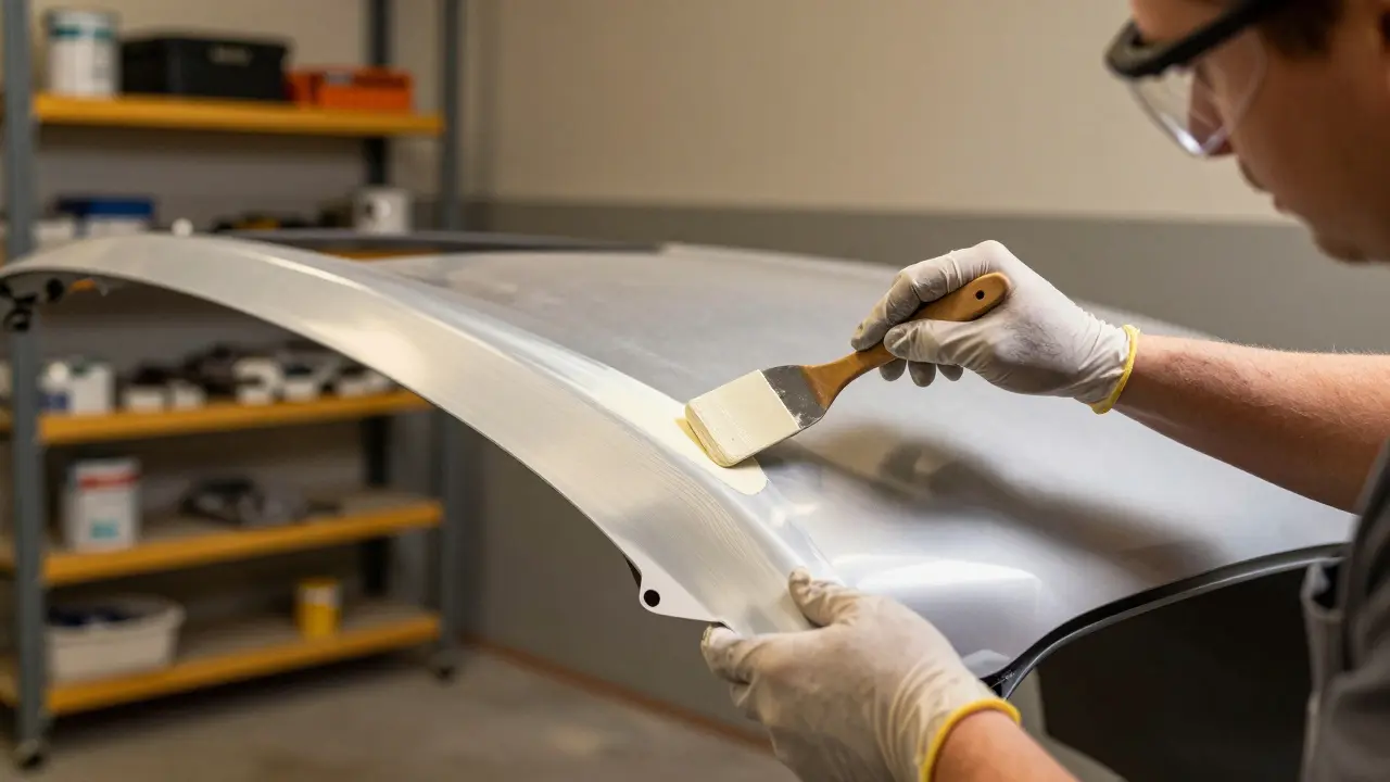 Osoba nanesoucí plastovou náplň do V-tvarové trhliny na křídle auta v garáži.