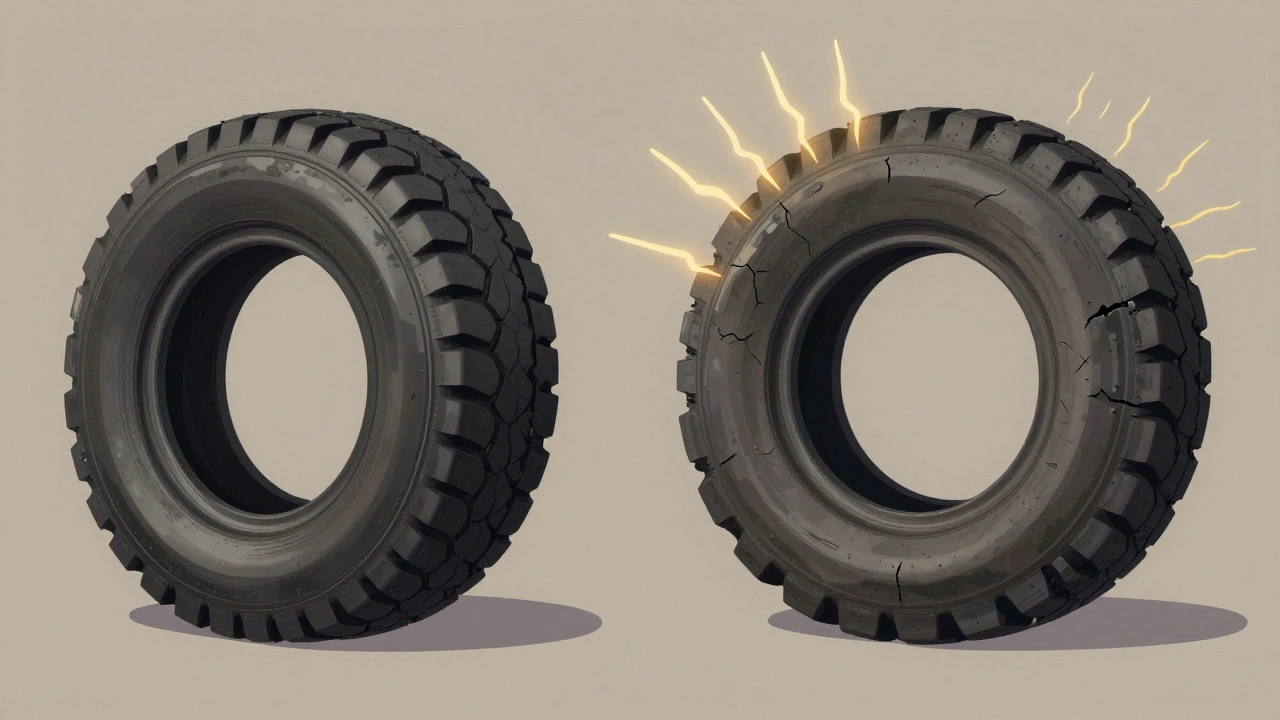 Pneumatika po třech letech špatného skladování na slunci s viditelnými prasklinami na boku, kontrast s původně novou pneumatikou.