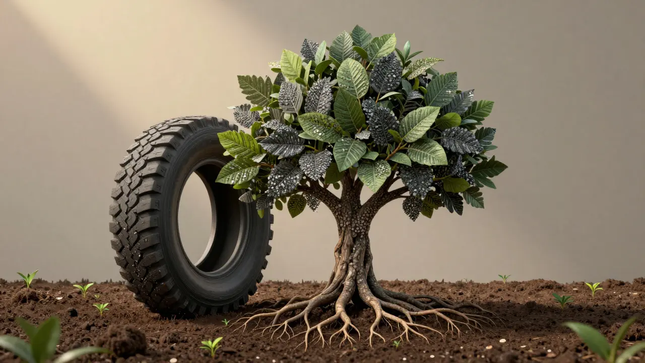 Pneumatika přeměněná na strom s listy z recyklované gumy, symbolizující kruhovou ekonomiku.