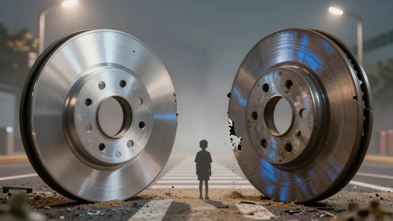 Porovnání nového a poškozeného brzdového kotouče s cestou k přechodu