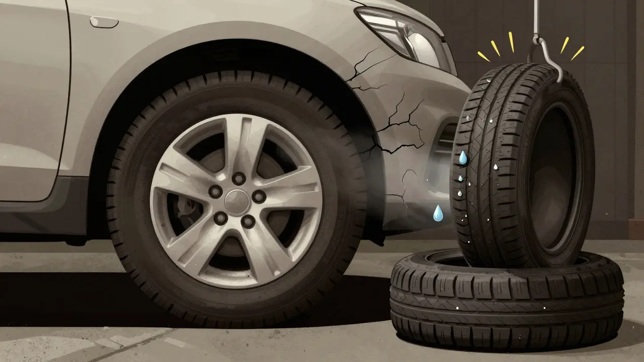 Porovnání poškozené pneumatiky na betonu a správně uložené na háku v klidném prostředí.