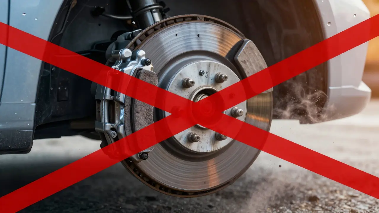 Přehled brzdného systému s červeným varováním na opotřebovaných destičkách.