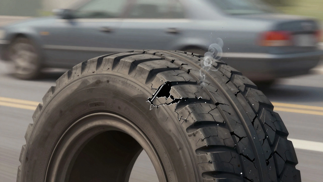 Příčný řez nízkoprofilové pneumatiky s přelomenými kordy a únikem vzduchu.