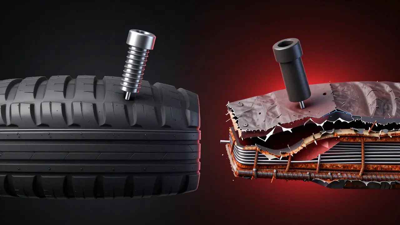 Příčný řez pneumatiky ukazující správnou a špatnou opravu s korozi uvnitř.