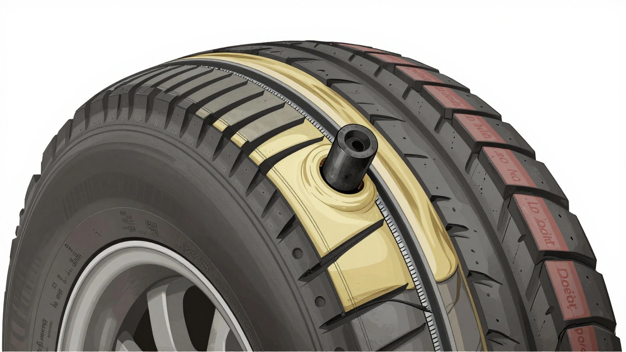 Průřez pneumatiky s gumovým kabelem a lepidlem zatěsňujícím díru ve středu běžku.