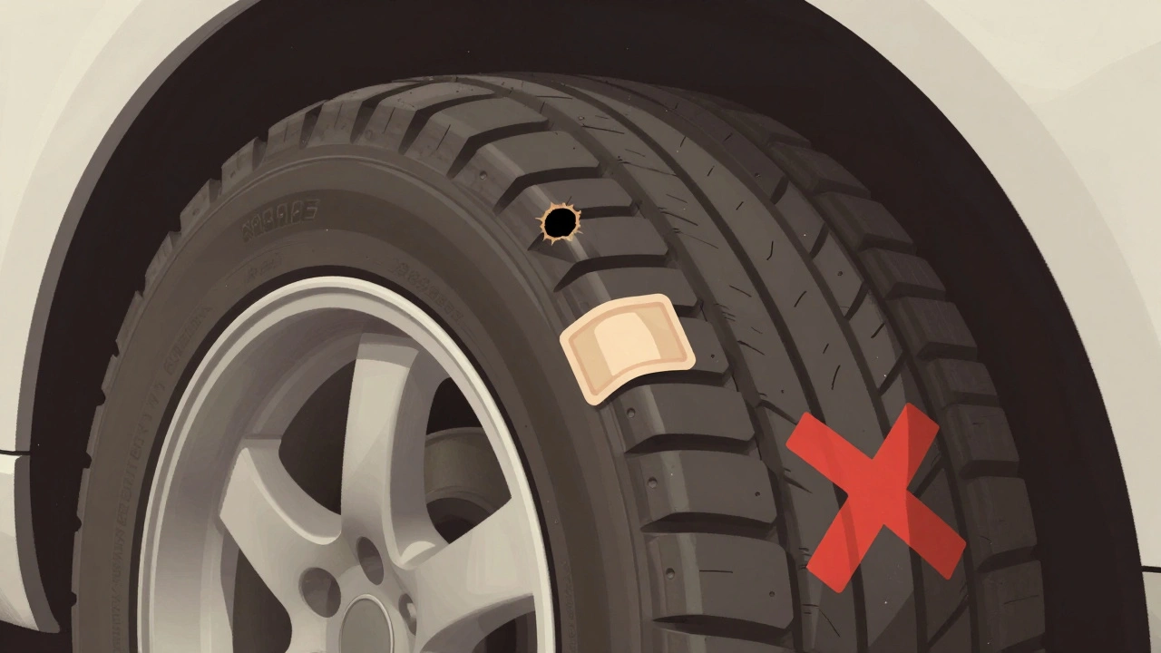 Průřez pneumatiky ukazující správnou opravu plug-patch v chodníku a nebezpečné poškození boku.