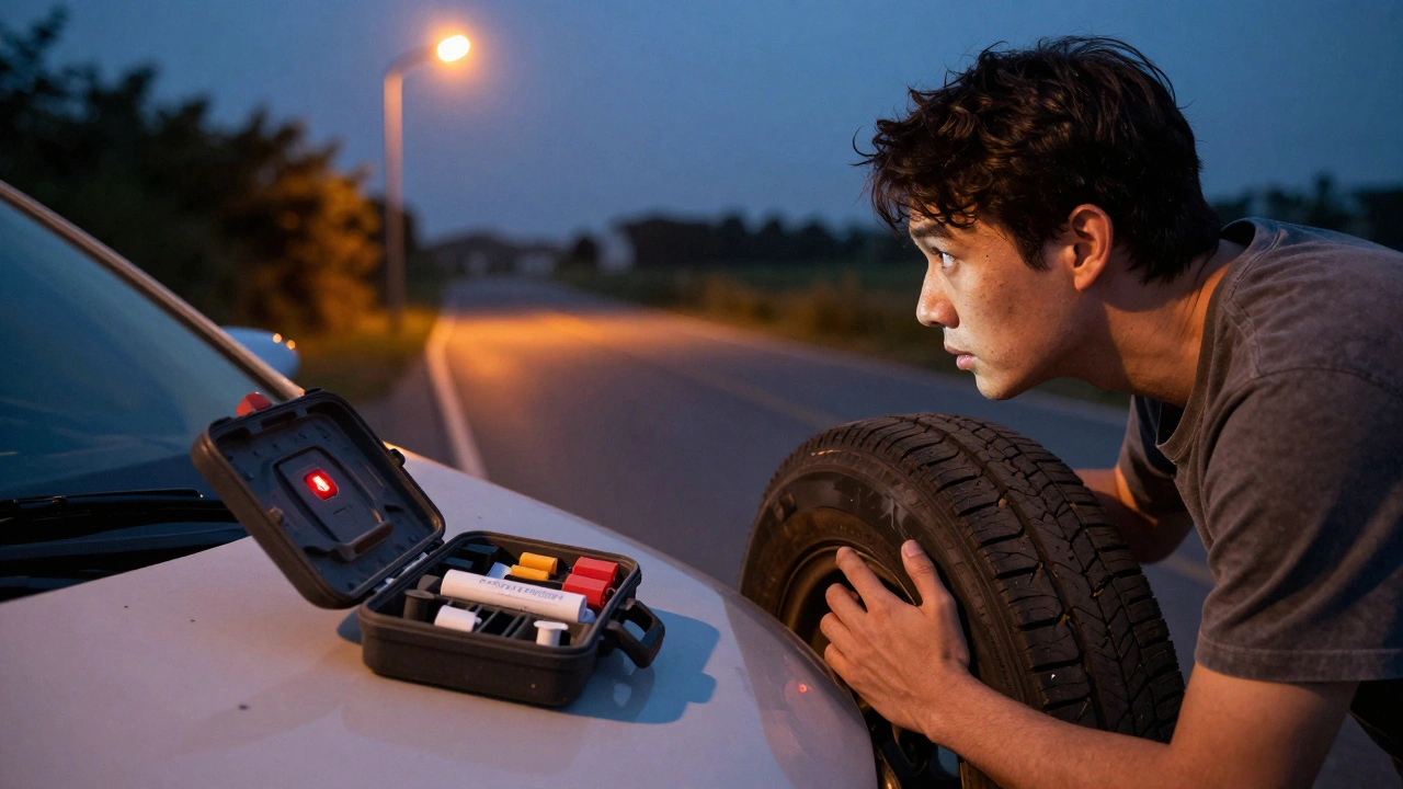 Řidič s otevřenou lepící sadou na kapotě auta při západu slunce, varování na přístrojové desce.