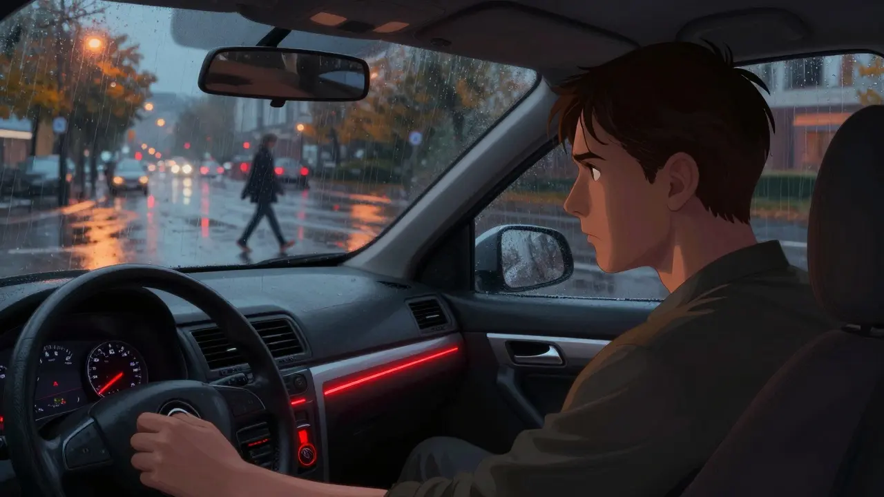 Řidič v autě s náznakem varování při brzdění v dešti