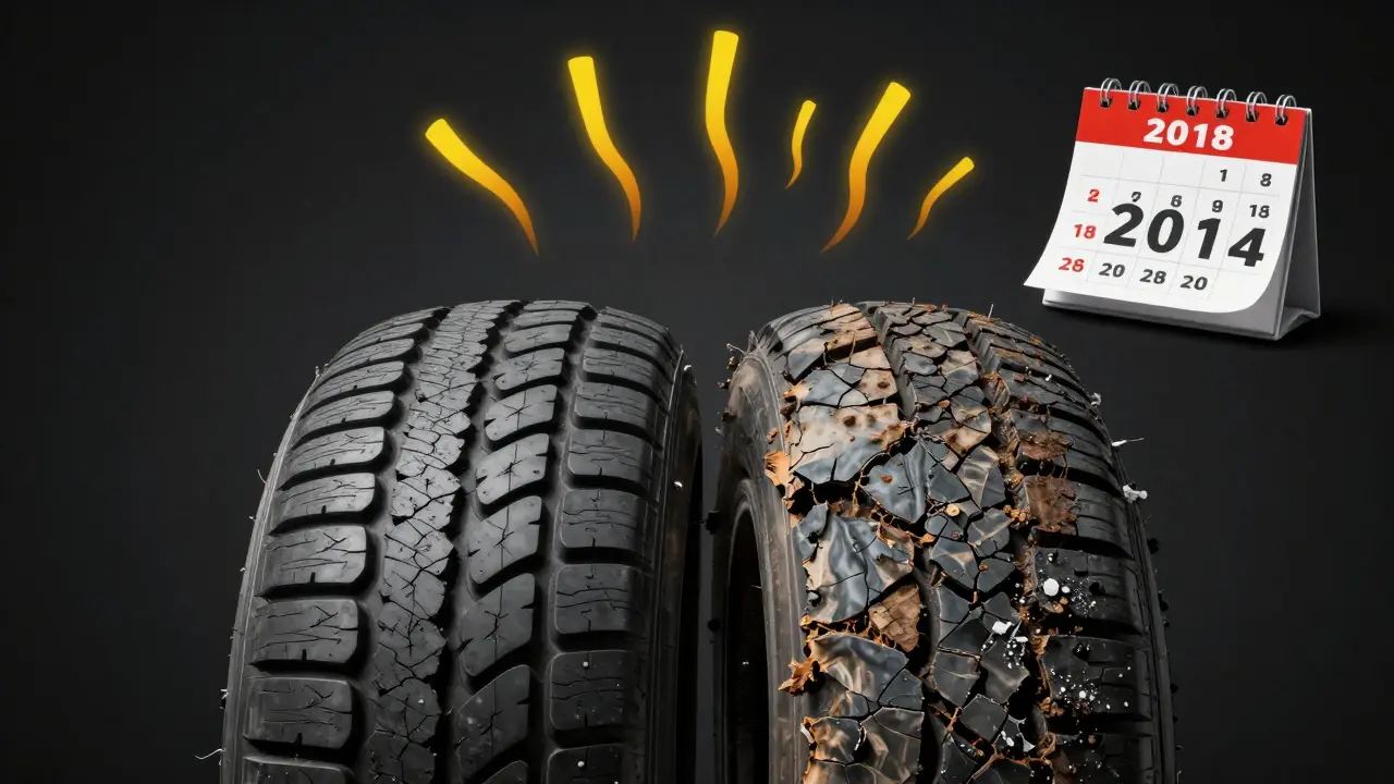 Rozdělená pneumatika: zdravá guma na jedné straně, křehká a prasklá na druhé.