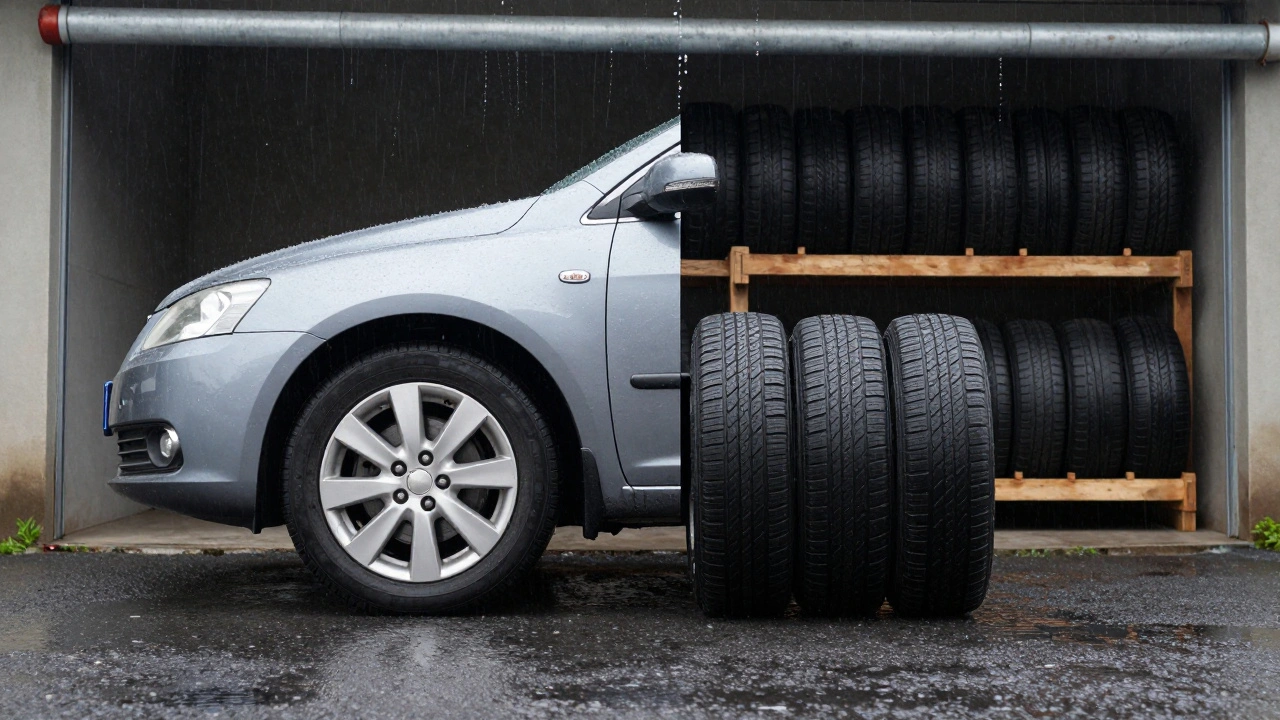 Rozdělený obrázek: zimní pneumatiky na vozidle na mokré silnici a stejné pneumatiky správně uložené v sušeném skladu.