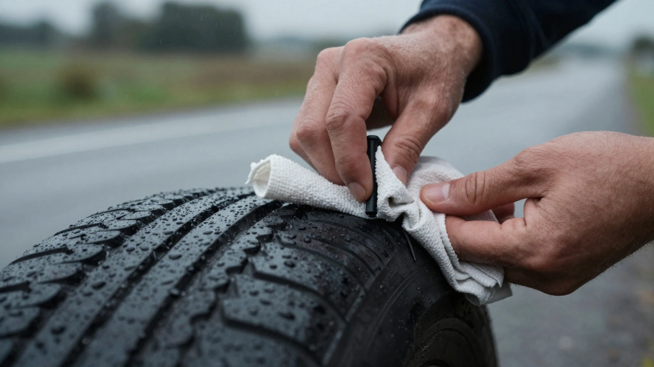 Ruce čistí díru v pneumatice mokrým hadříkem za deštivého večera na cestě.
