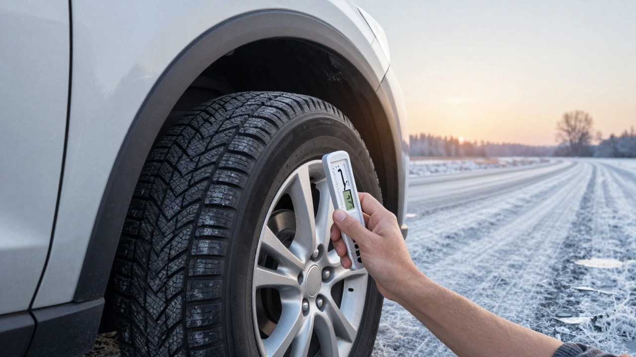 Ruka montuje zimní pneumatiku při teplotě 7 °C, za ní přechod z léta do zimy.