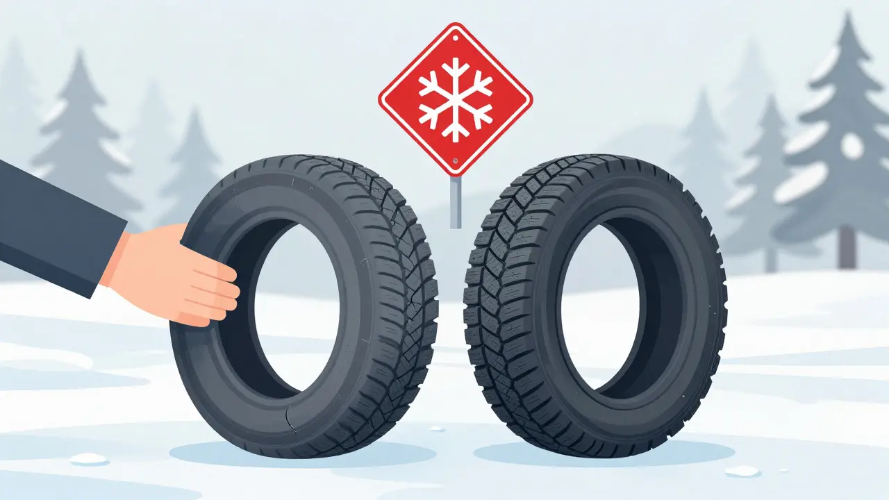 Rukou držené letní a zimní pneumatiky na zmrzlém pozadí, varovný symbol sněžky nahoře.
