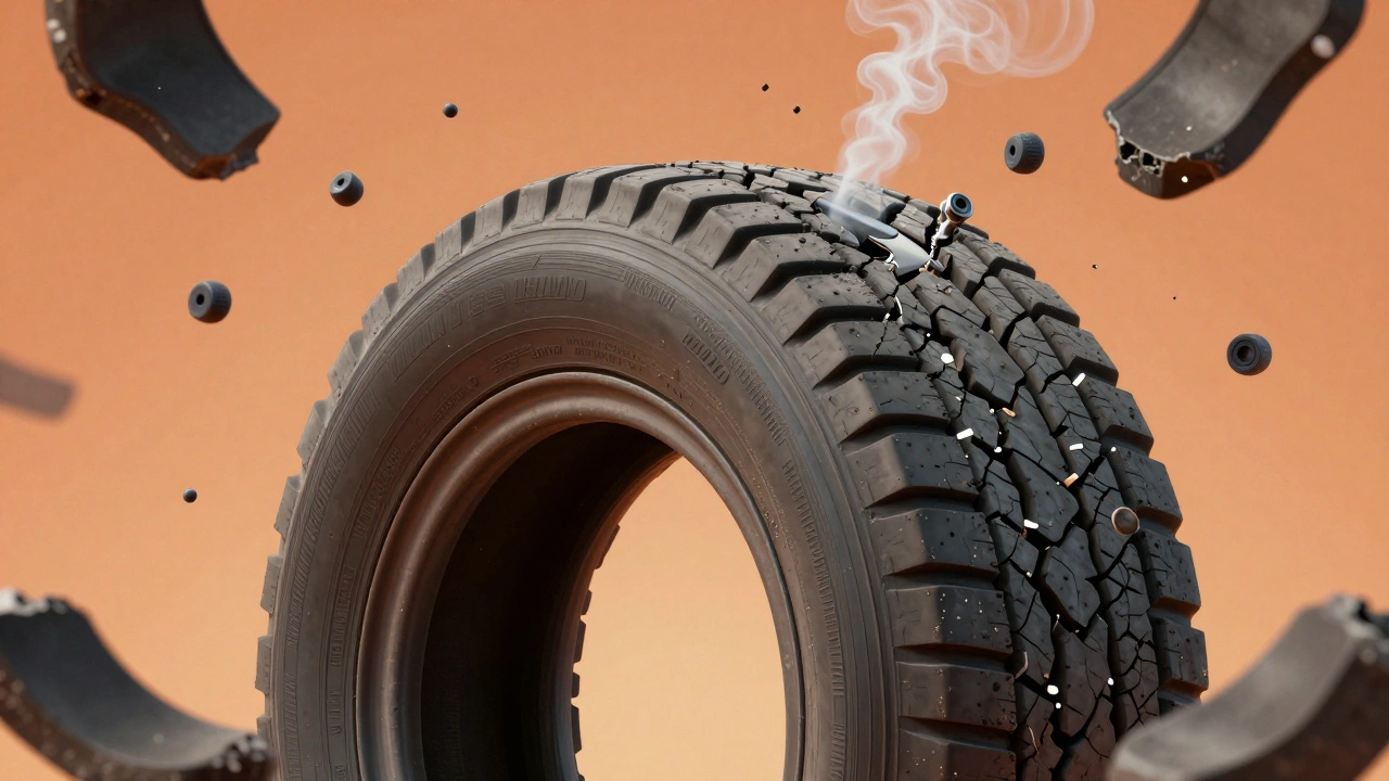 Stará pneumatika se rozpadá, kolem ní plavou kuličky a únik vzduchu, symbolizující riziko neopravené díry.