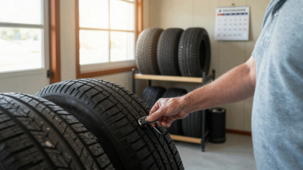 Starší řidič v garáži, celoroční pneumatiky na regálu, slunečné světlo a kalendář s listopadem a březnem.