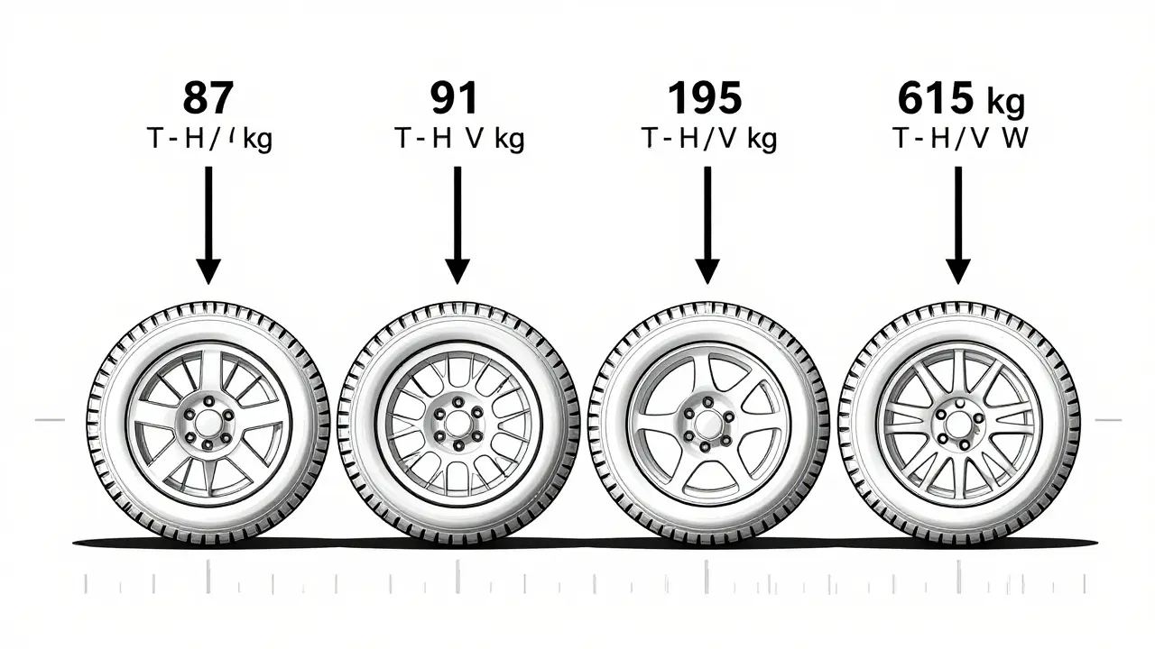 Technický náčrt auta s označenými indexy zatížení a rychlosti na pneumatikách.