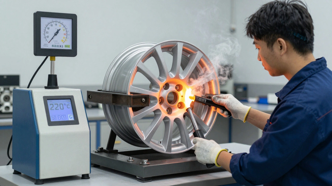 Technik opravuje alu kolo pomocí tepelného stroje, kolo svítí teplem.