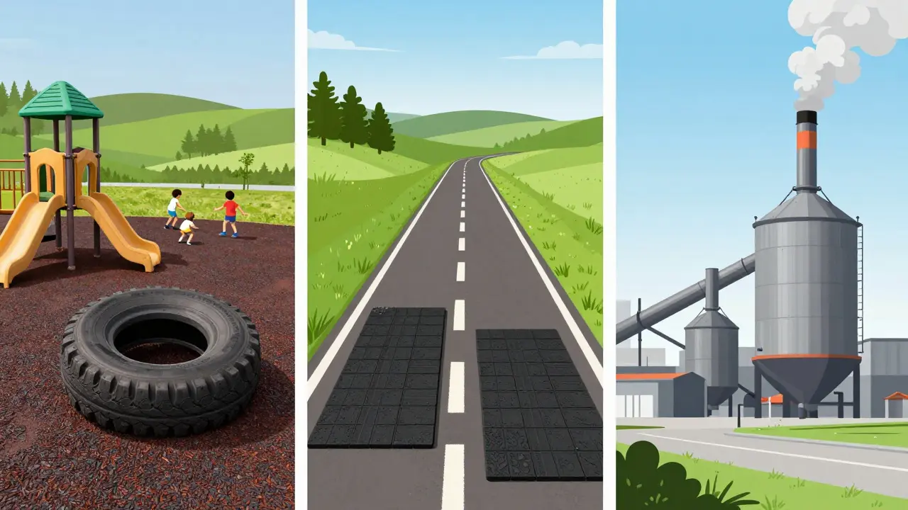 Tři cesty recyklace starých pneumatik: hřiště, silnice a cementárna v jedné scéně.